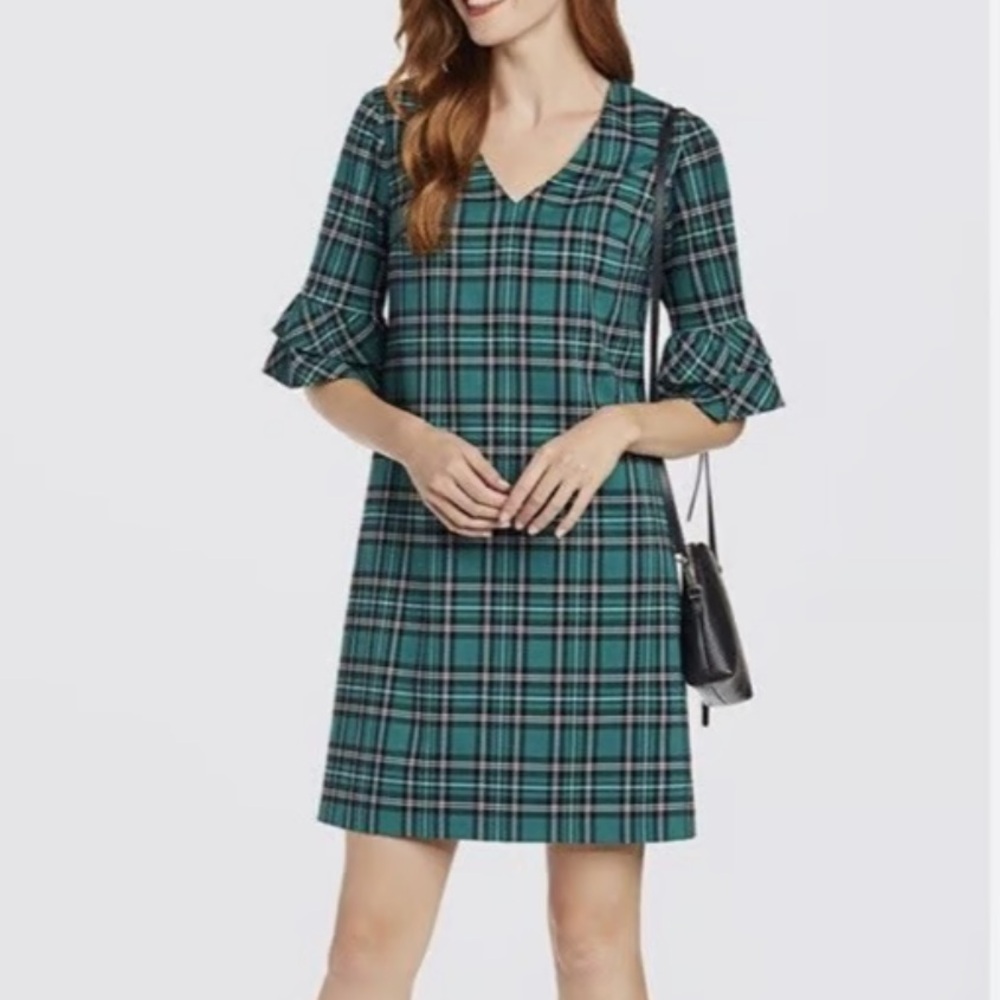 DRAPER JAMES Angie Tartan Plaid Green Half Ruffle Sleeve Shift Dress Size 8